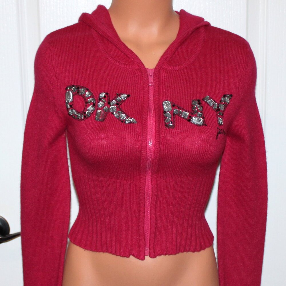 NEW! DKNY Jeans Embellished Zip Front Angora Wool Blend Hoodie Sweater